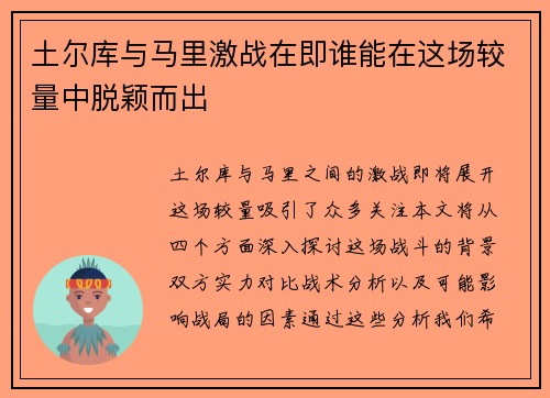 土尔库与马里激战在即谁能在这场较量中脱颖而出