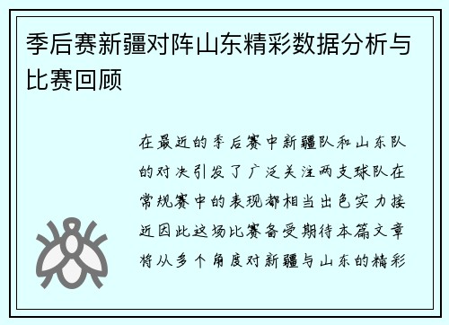 季后赛新疆对阵山东精彩数据分析与比赛回顾